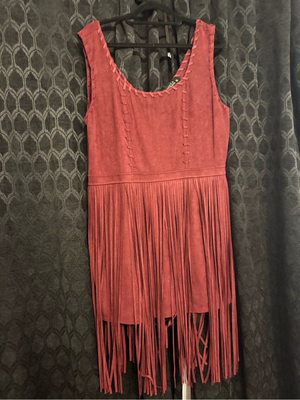 Fringed Mini Dress in Rust Red - Sleeveless Suede Look